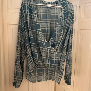 CAbi Teal Plaid Wrap Blouse